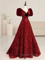 Burgundy V Neck Sequin Long Prom Dress, Burgundy Prom Dresses