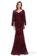 V Neck Sequins Mermaid Prom Dresses with Sleeves
