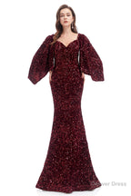 V Neck Sequins Mermaid Prom Dresses with Sleeves