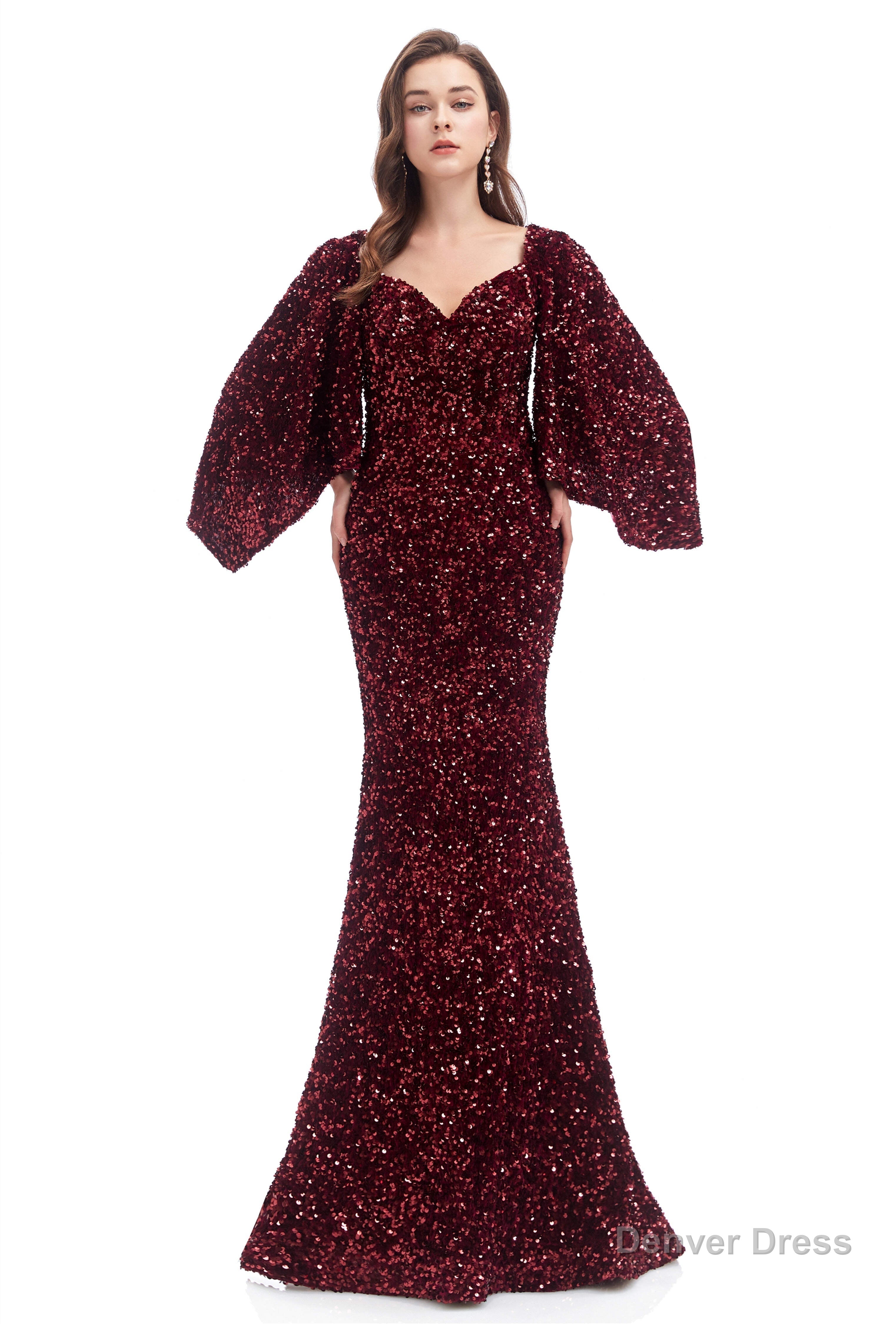 V Neck Sequins Mermaid Prom Dresses with Sleeves