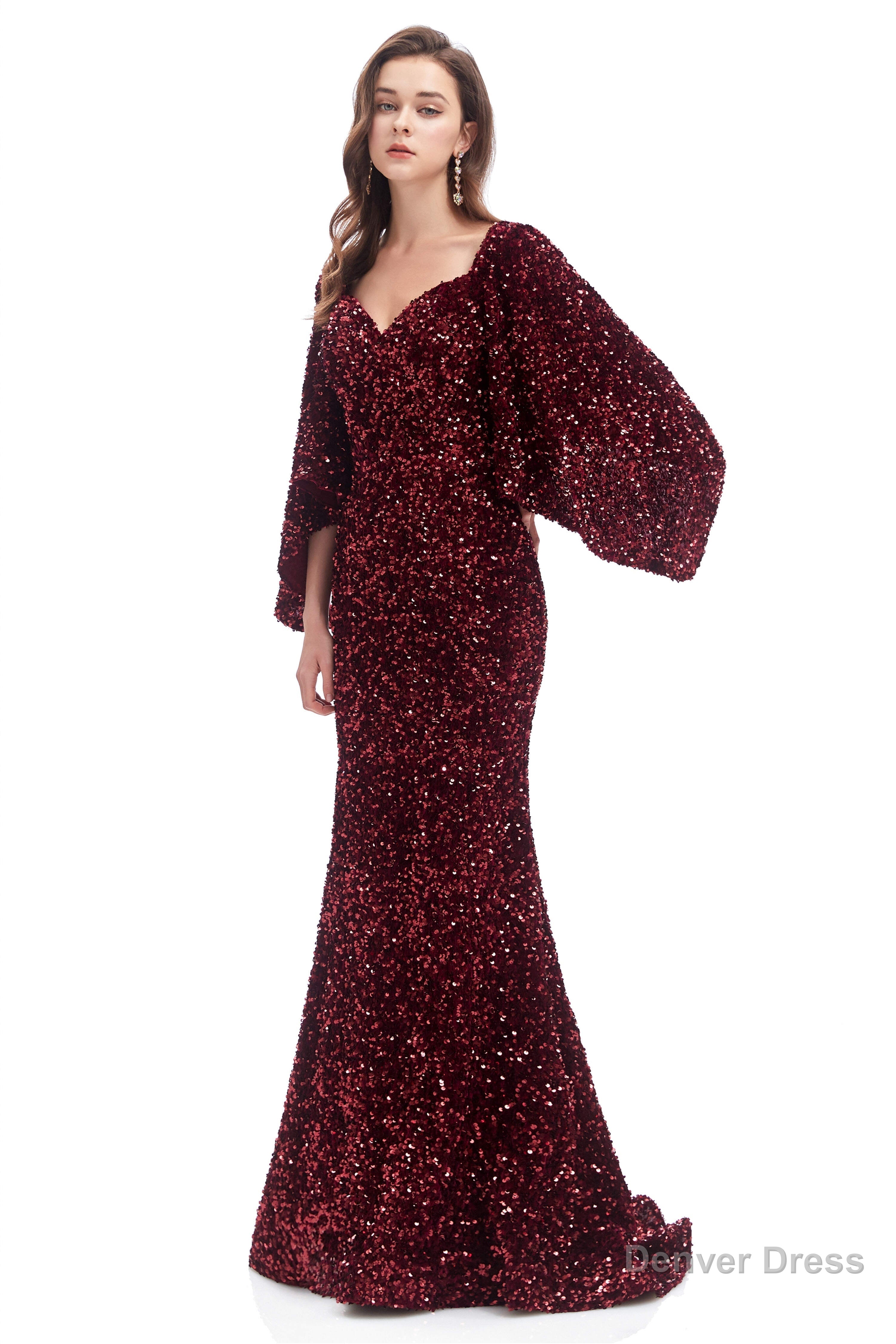 V-Neck Sequins Mermaid Prom Dresses with Sleeves