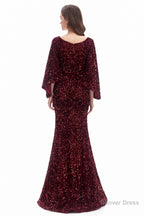 V Neck Sequins Mermaid Prom Dresses with Sleeves