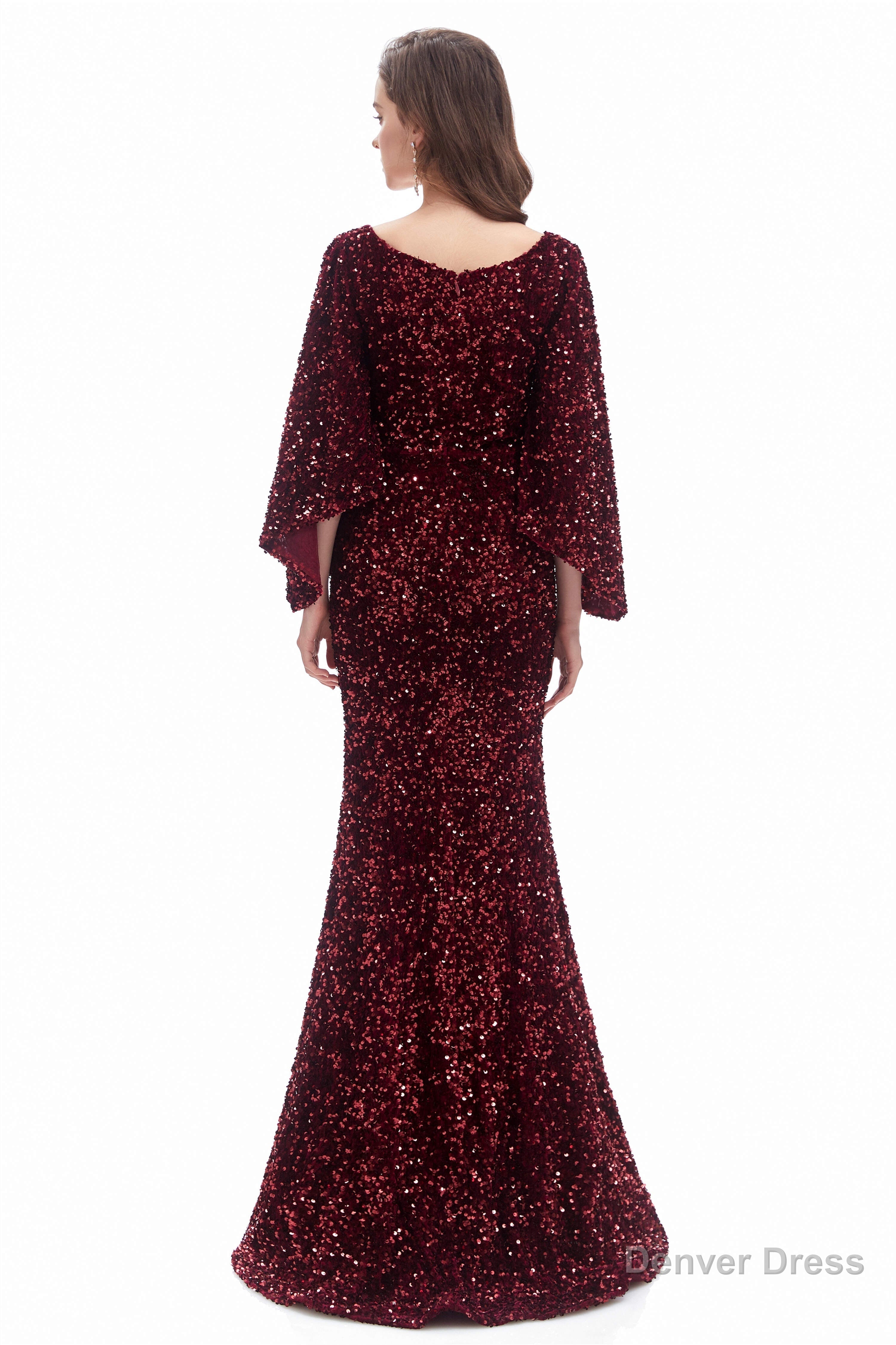 V Neck Sequins Mermaid Prom Dresses with Sleeves