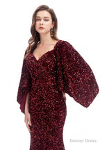 V Neck Sequins Mermaid Prom Dresses with Sleeves