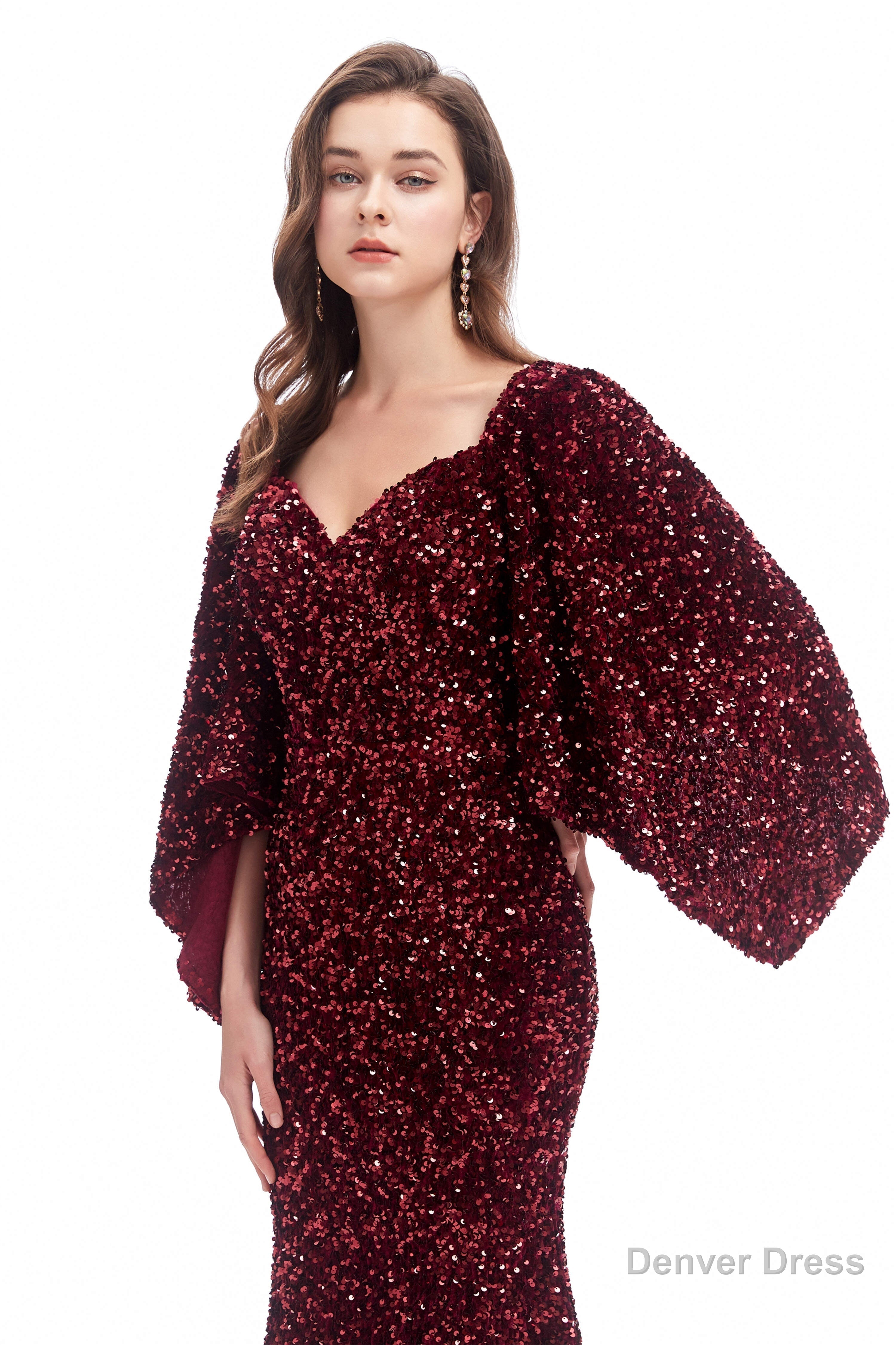 V Neck Sequins Mermaid Prom Dresses with Sleeves