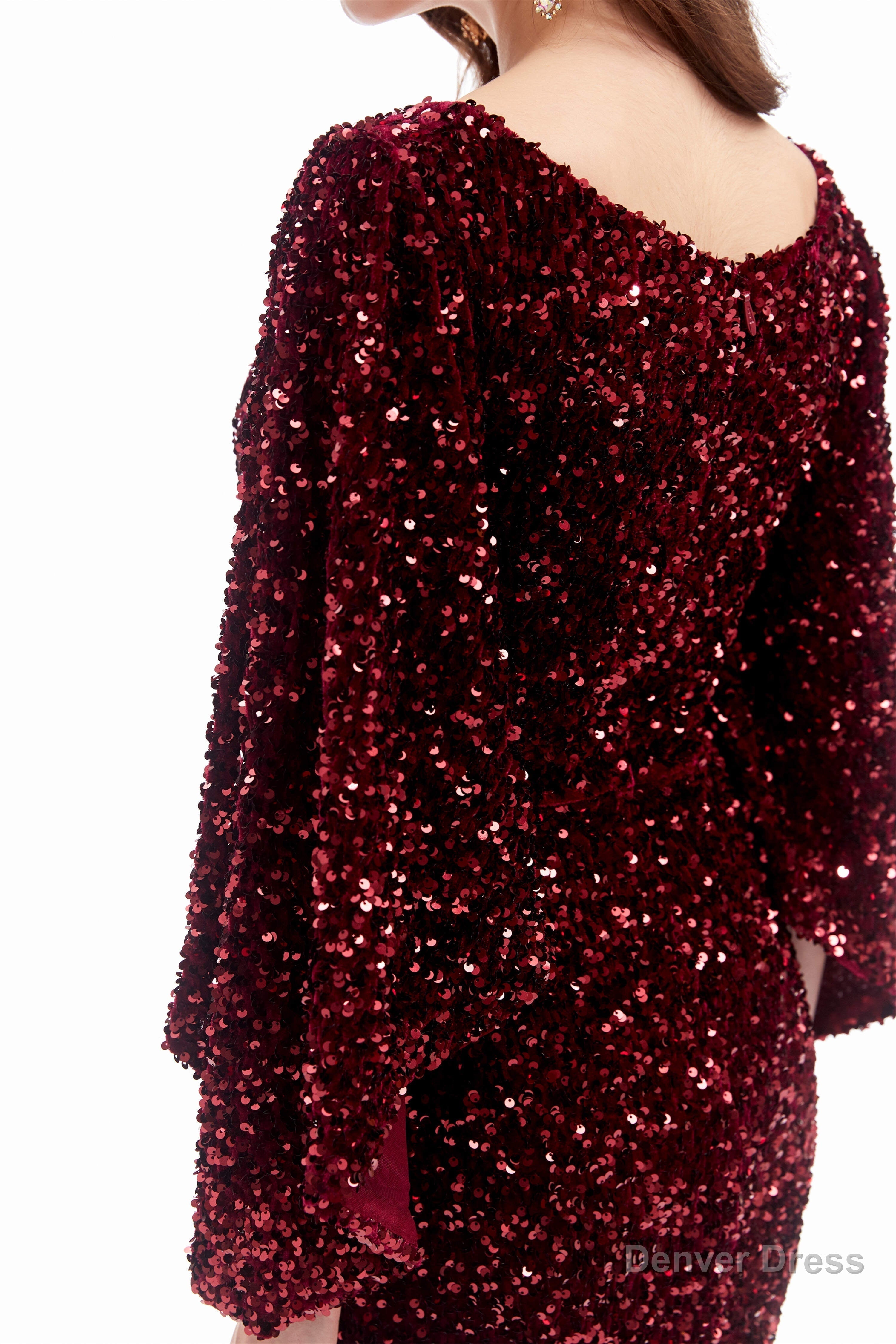 V Neck Sequins Mermaid Prom Dresses with Sleeves