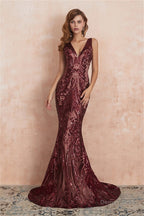 V Neck Sequins Mermaid Sleeveless Lace up Prom Dresses