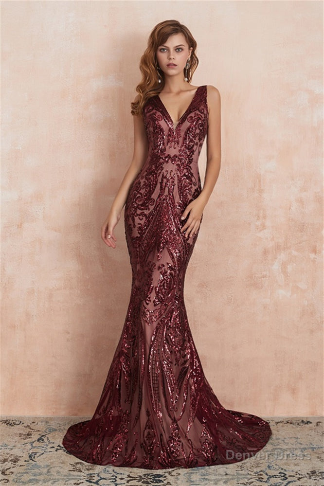 V Neck Sequins Mermaid Sleeveless Lace up Prom Dresses