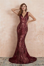V Neck Sequins Mermaid Sleeveless Lace up Prom Dresses