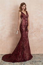 V Neck Sequins Mermaid Sleeveless Lace up Prom Dresses