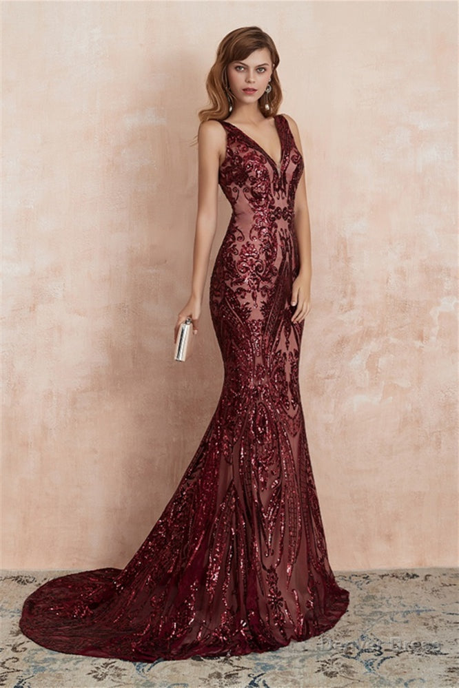 V Neck Sequins Mermaid Sleeveless Lace up Prom Dresses