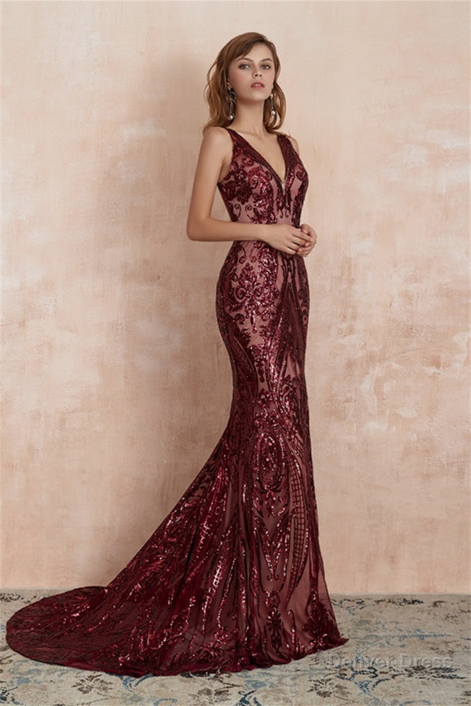 V Neck Sequins Mermaid Sleeveless Lace up Prom Dresses