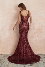 V Neck Sequins Mermaid Sleeveless Lace up Prom Dresses