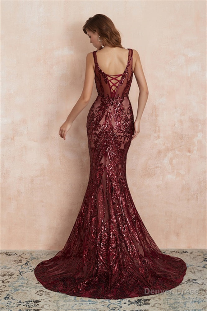 V Neck Sequins Mermaid Sleeveless Lace up Prom Dresses