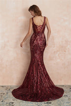 V-Neck Sequins Mermaid Sleeveless Lace-up Prom Dresses