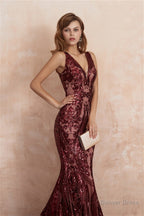 V Neck Sequins Mermaid Sleeveless Lace up Prom Dresses