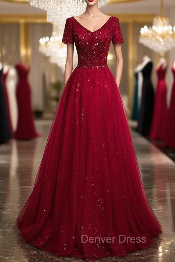 Burgundy V Neck Short Sleeve Beading Prom Dresses