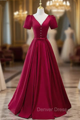 Burgundy V-neck Short Sleeve Pearls Prom Dresses