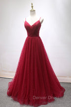 Burgundy V-Neck Tulle Long Prom Dresses, A-Line Backless Evening Party Dresses