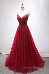 Burgundy V-Neck Tulle Long Prom Dresses, A-Line Backless Evening Party Dresses