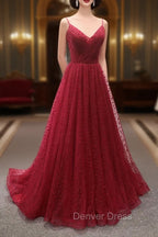 Burgundy V-Neck Tulle Long Prom Dresses, A-Line Backless Evening Party Dresses