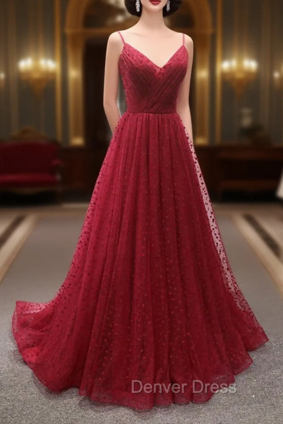 Burgundy V-Neck Tulle Long Prom Dresses, A-Line Backless Evening Party Dresses