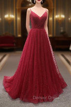 Burgundy V Neck Tulle Long Prom Dress, A Line Backless Prom Dresses