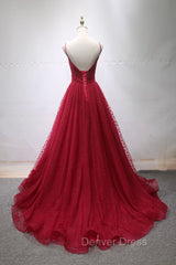 Burgundy V-Neck Tulle Long Prom Dresses, A-Line Backless Evening Party Dresses