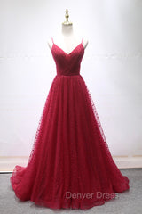 Burgundy V-Neck Tulle Long Prom Dresses, A-Line Backless Evening Party Dresses