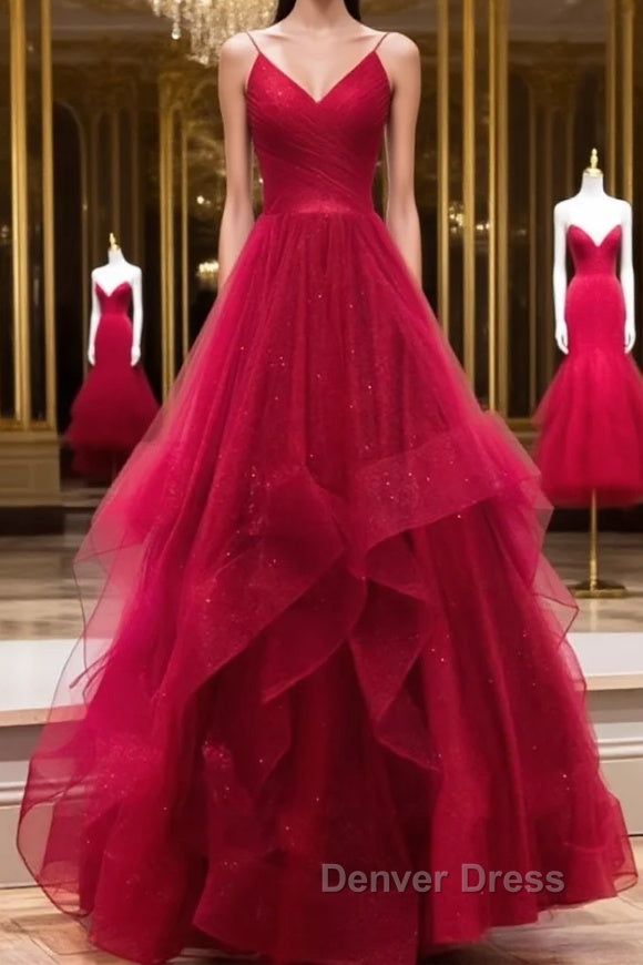 Burgundy v neck tulle long prom Dress, burgundy Prom Dresses Main image