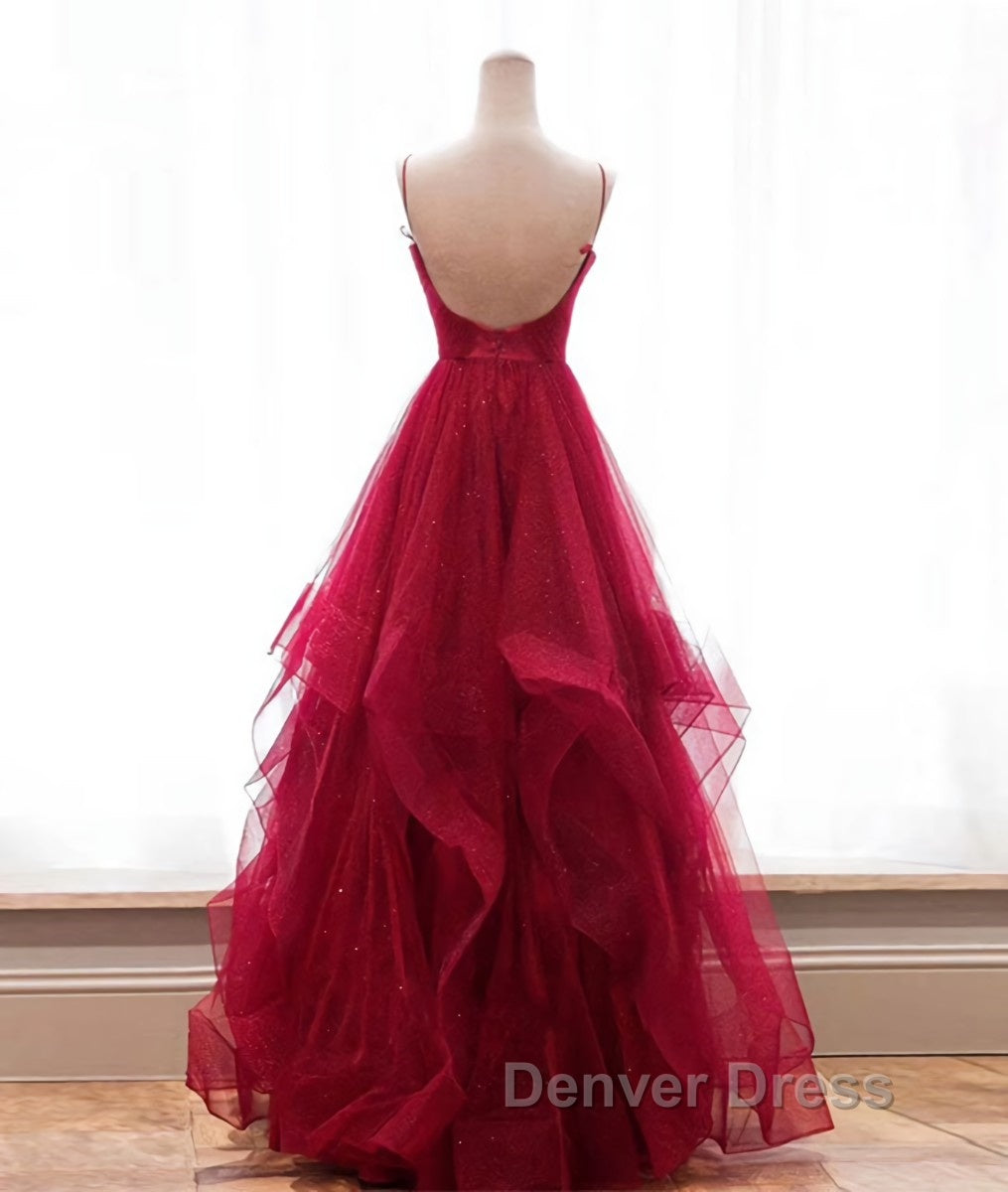 Burgundy v neck tulle long prom Dress, burgundy Prom Dresses Secondary image