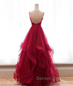 Burgundy v neck tulle long prom Dress, burgundy Prom Dresses