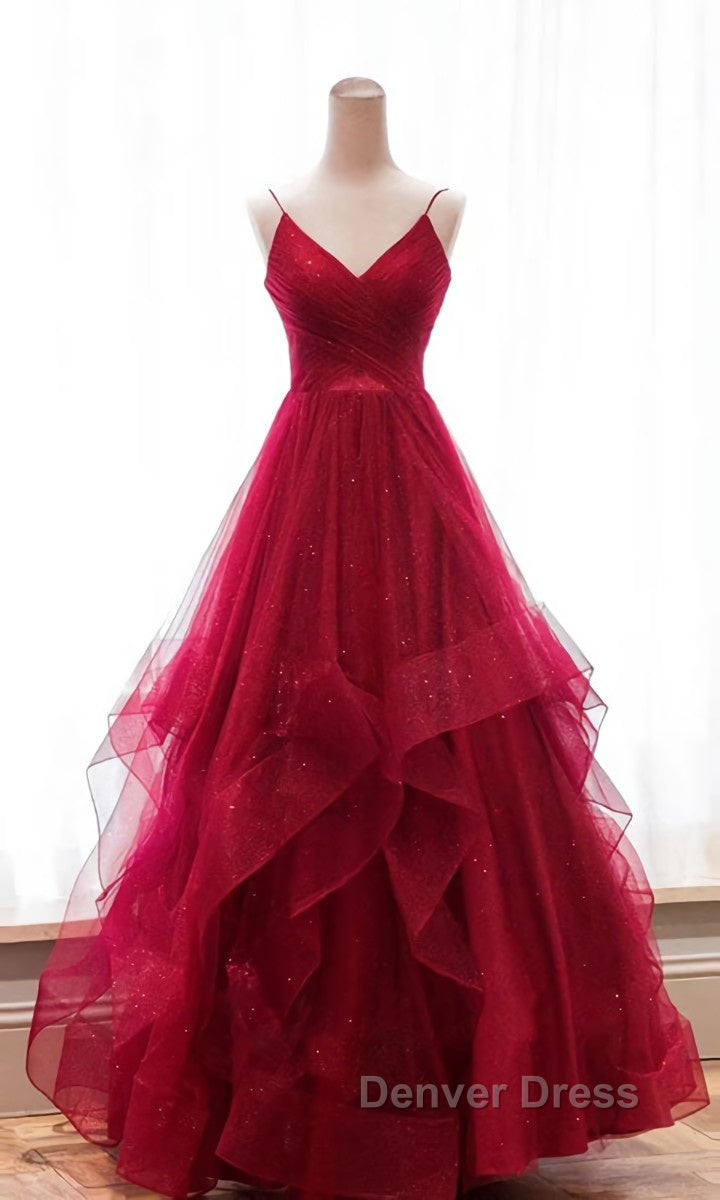 Burgundy v neck tulle long prom Dress, burgundy Prom Dresses