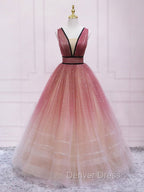 Burgundy V Neck Tulle Long Prom Dress Burgundy Long Prom Dresses
