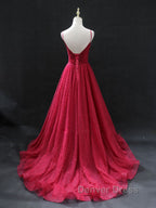 Burgundy v neck tulle long prom Dress, burgundy tulle Prom Dresses