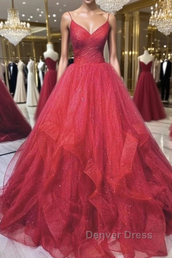 Burgundy v neck tulle long prom Dress tulle Prom Dresses Main image