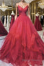 Burgundy v neck tulle long prom Dress tulle Prom Dresses