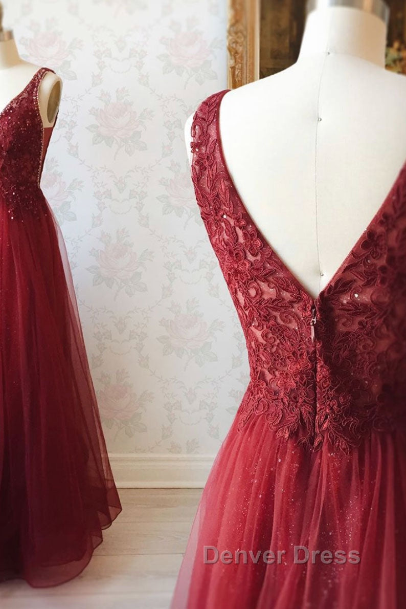 Burgundy v neck tulle sequin lace long prom Dresses Secondary image