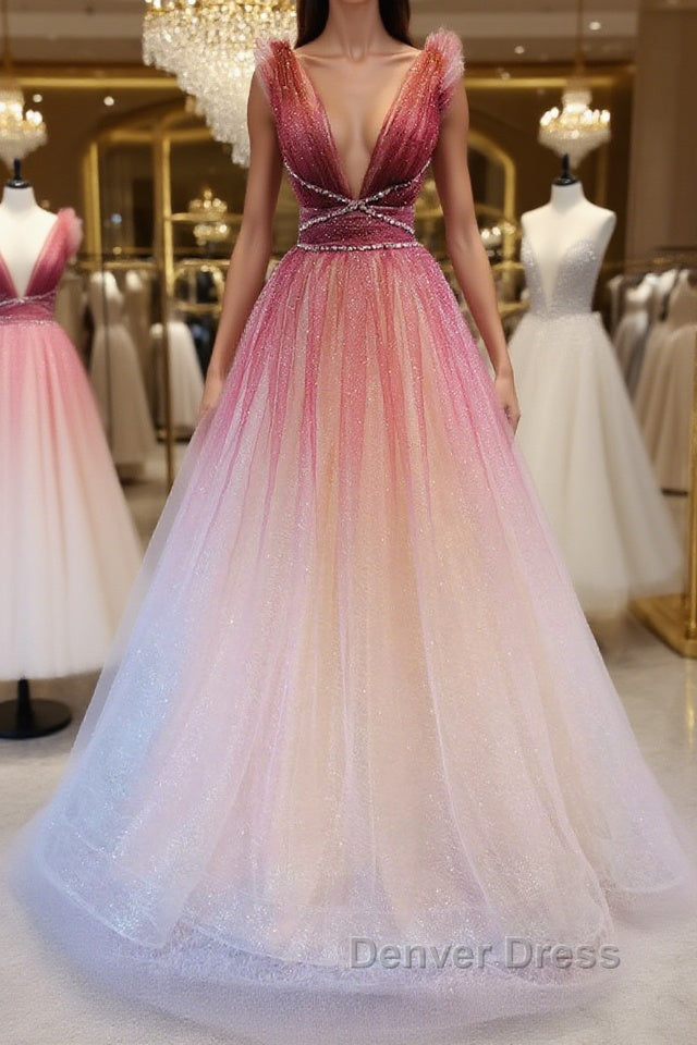 Burgundy v neck tulle sequin long prom Dress burgundy Prom Dresses Main image