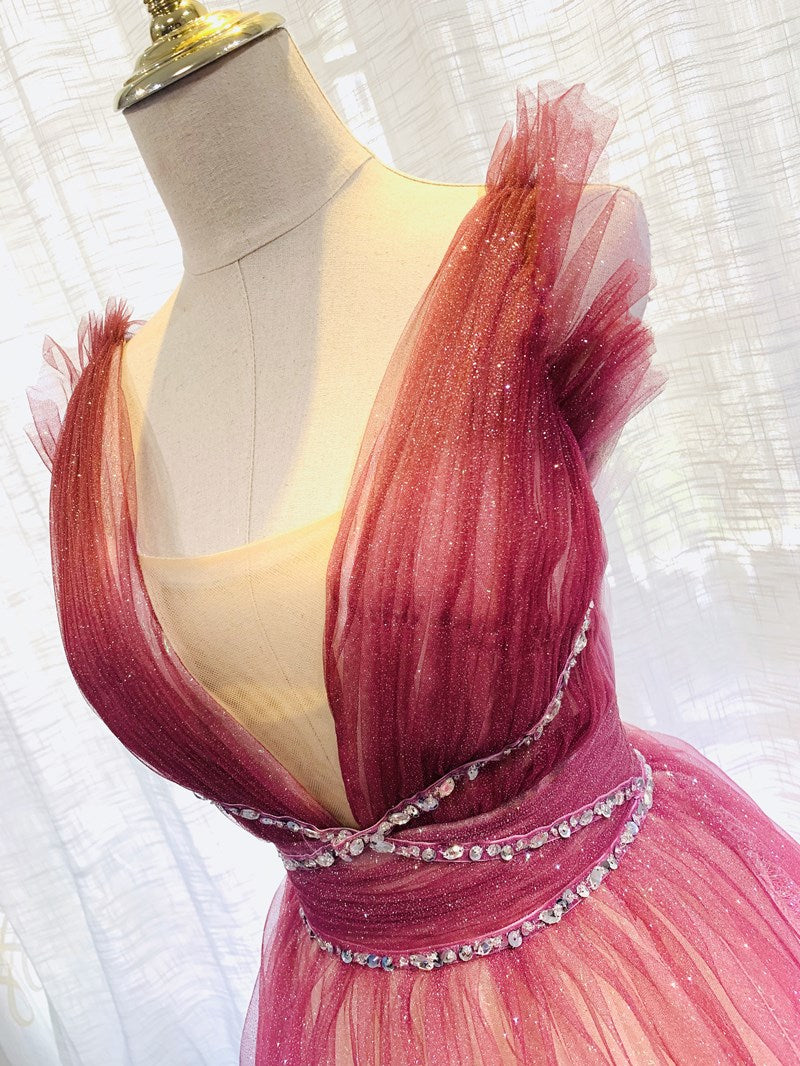 Burgundy V Neck Tulle Sequin Long Prom Dresses Burgundy Formal Dresses Secondary image
