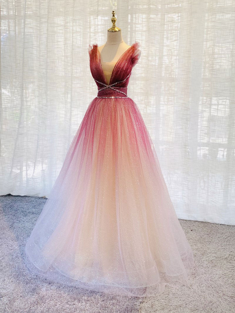 Burgundy V Neck Tulle Sequin Long Prom Dresses Burgundy Formal Dresses