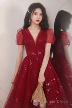 Burgundy V-Neck Tulle Short Prom Dress, A-Line Homecoming Prom Dresses