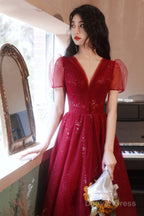 Burgundy V-Neck Tulle Short Prom Dress, A-Line Homecoming Prom Dresses