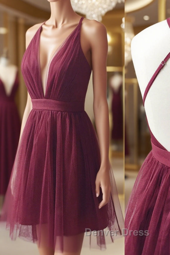 Burgundy v neck tulle short prom Dresses burgundy homecoming Dresses