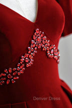 Burgundy V-Neck Velvet Long Formal Dresses, A-Line Short Sleeve Evening Dresses