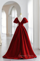 Burgundy V-Neck Velvet Long Formal Dresses, A-Line Short Sleeve Evening Dresses