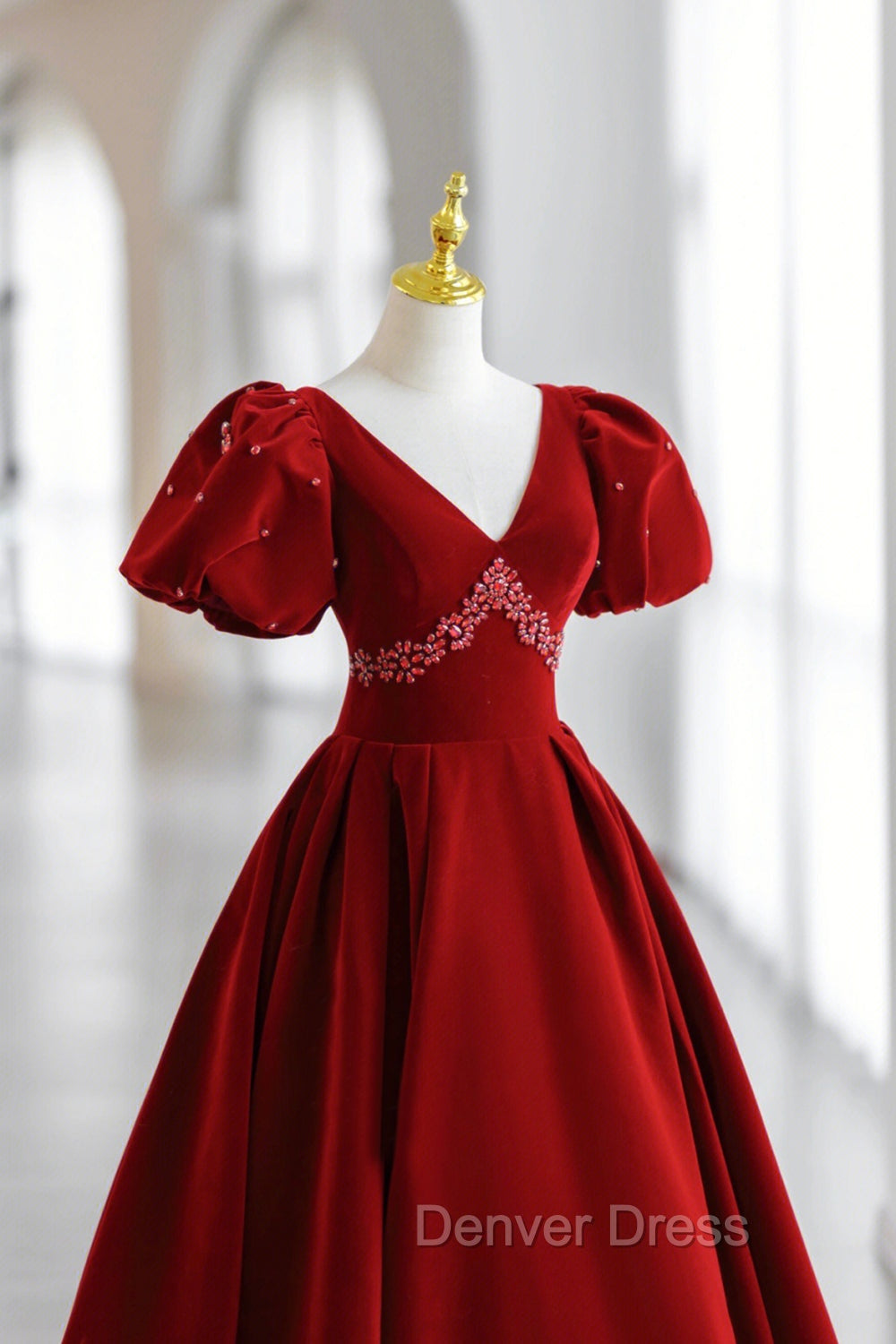 Burgundy V-Neck Velvet Long Formal Dresses, A-Line Short Sleeve Evening Dresses