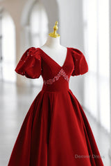 Burgundy V-Neck Velvet Long Formal Dress, A-Line Short Sleeve Evening Dress