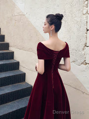 Burgundy V-Neck Velvet Long Prom Dress, Off Shoulder Evening Party Dress