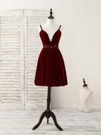 Burgundy V Neck Velvet Short Prom Dress, Burgundy Homecoming Dresses